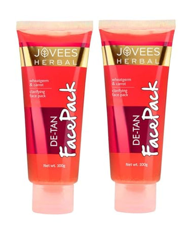 Jovees Herbal De-Tan Face Pack | Contains Wheat Germ and Carrot | For Tan Removal and Skin Revitalization | Bright and Glowing Skin 100gm (Pack of 2)